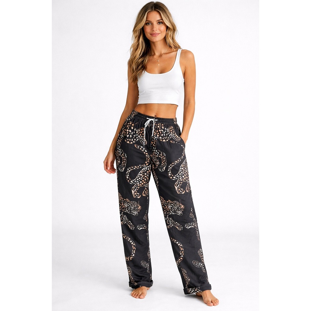 Desmond & Dempsey Black Gray Leopard Print Cotton Pajama Pants Size M